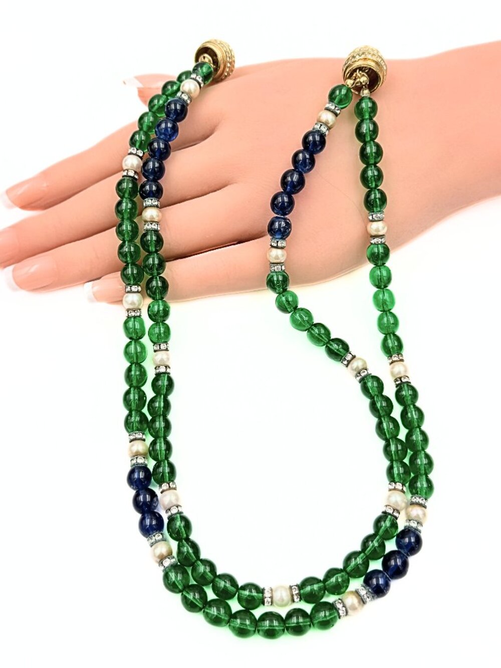 Stunning Marked German Green Blue Glass Rhinestones Double Strand Necklace